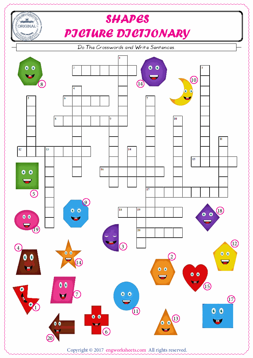  ESL printable worksheet for kids, supply the missing words of the crossword by using the Shapes picture. 